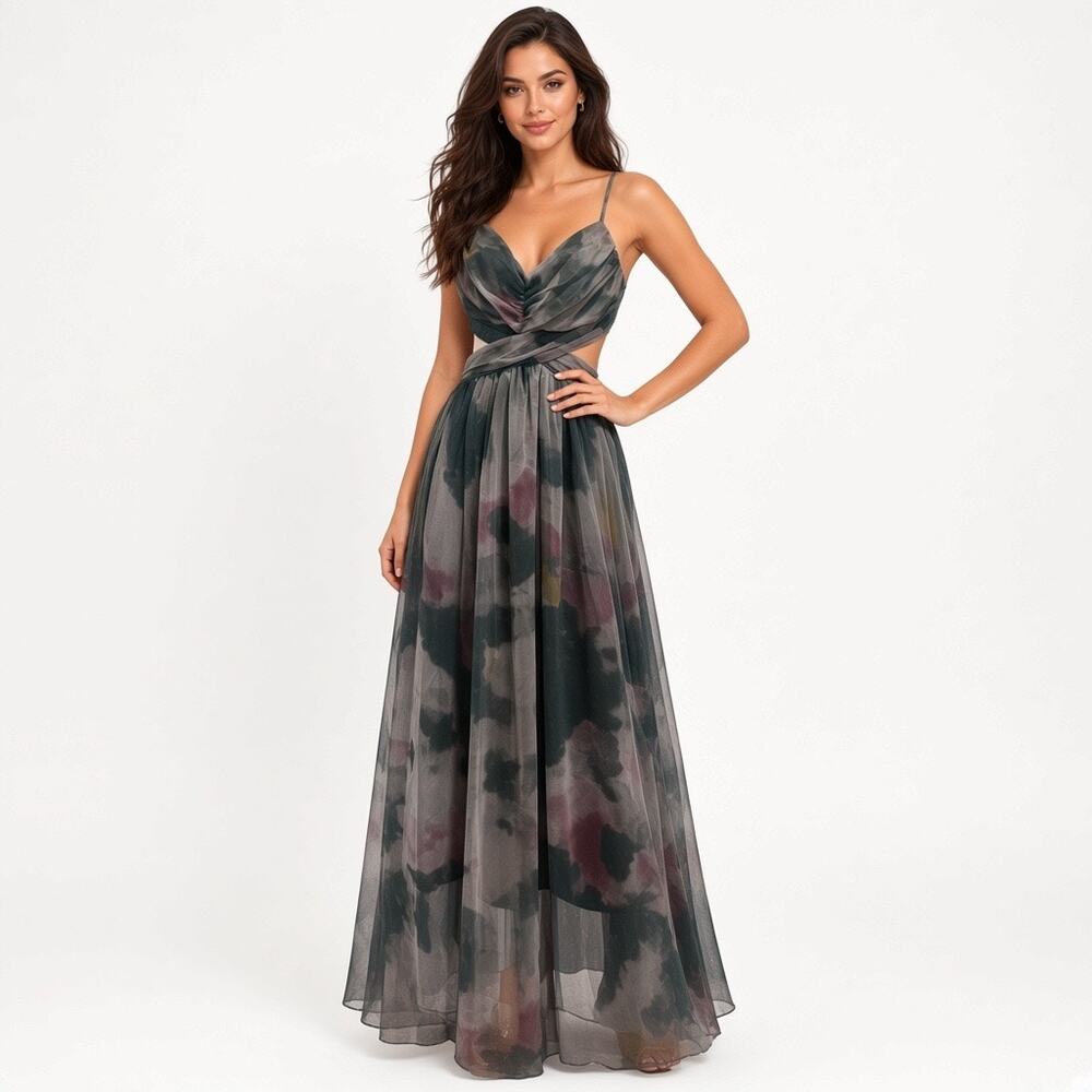 Whimsical Floral Mesh Cutout Open Back Tie Maxi Dress Small Fairy Ethereal